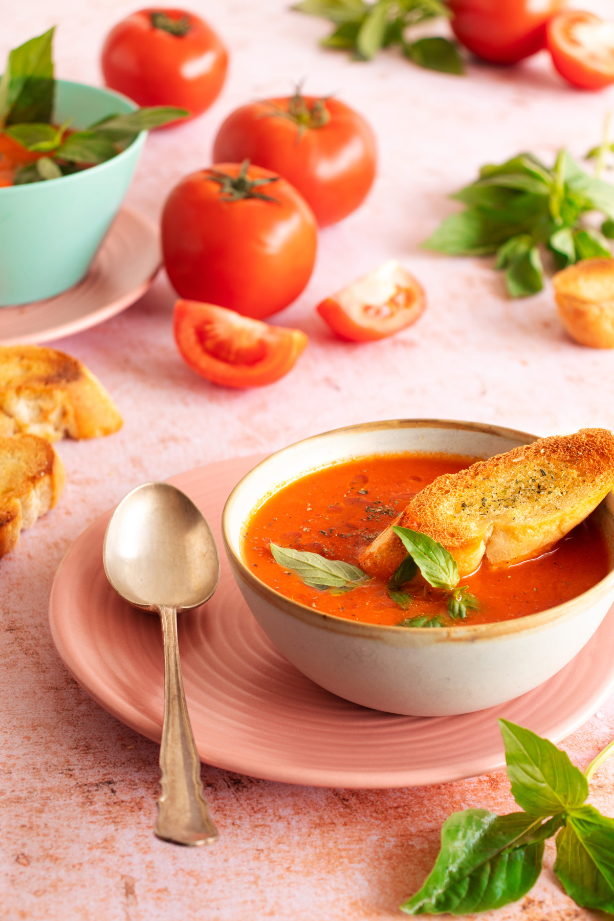 Fotografía de sopa de tomate con pan tostado y albahaca